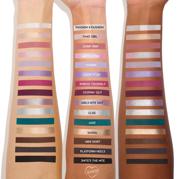 Three arms in light, medium, and deep skin tones display swatches of the Bratz x ColourPop Full Collection eyeshadow palette, showing shimmery and matte pink, purple, teal, gold, and neutral shades labeled with playful Bratz shade names.