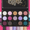 Bratz x ColourPop Girls Nite Out eyeshadow palette displays 15 matte and glitter shades - lavender, pink, gold, teal - with gold shade names and a rhinestone Bratz logo, shown with swatches, part of the ColourPop Full Collection Set.