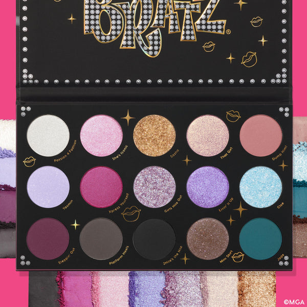 Bratz x ColourPop Girls Nite Out eyeshadow palette displays 15 matte and glitter shades - lavender, pink, gold, teal - with gold shade names and a rhinestone Bratz logo, shown with swatches, part of the ColourPop Full Collection Set.