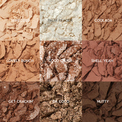 Going Coconuts ColourPop Shadow Palette showcasing nine neutral shades in a 3x3 grid - Shredded, Palm Reader, Coolada, Lovely Bunch, Coco Crush, Shell Yeah, Get Crackinβ, Da Coco, Nutty - crushed pigments showing matte and shimmer from beige to deep brown.