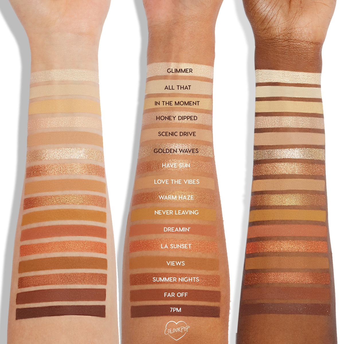 Golden Hour shadow palette by Colourpop swatched on three skin tones, showing a gradient of matte and shimmer neutral bronze, peach, and gold shades labeled from Glimmer to 7PM, illustrating pigmentation and payoff of Colourpop shadow palettes.