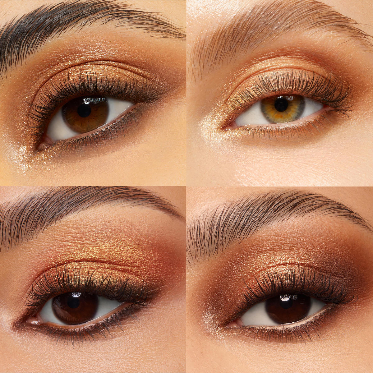 Four close-up eyelids showcase metallic gold, copper, and bronze gradients with soft brown smoke and highlighted inner corners, created using the Golden Hour ColourPop Shadow Palette, arranged in a studio quad layout to display wearable looks.