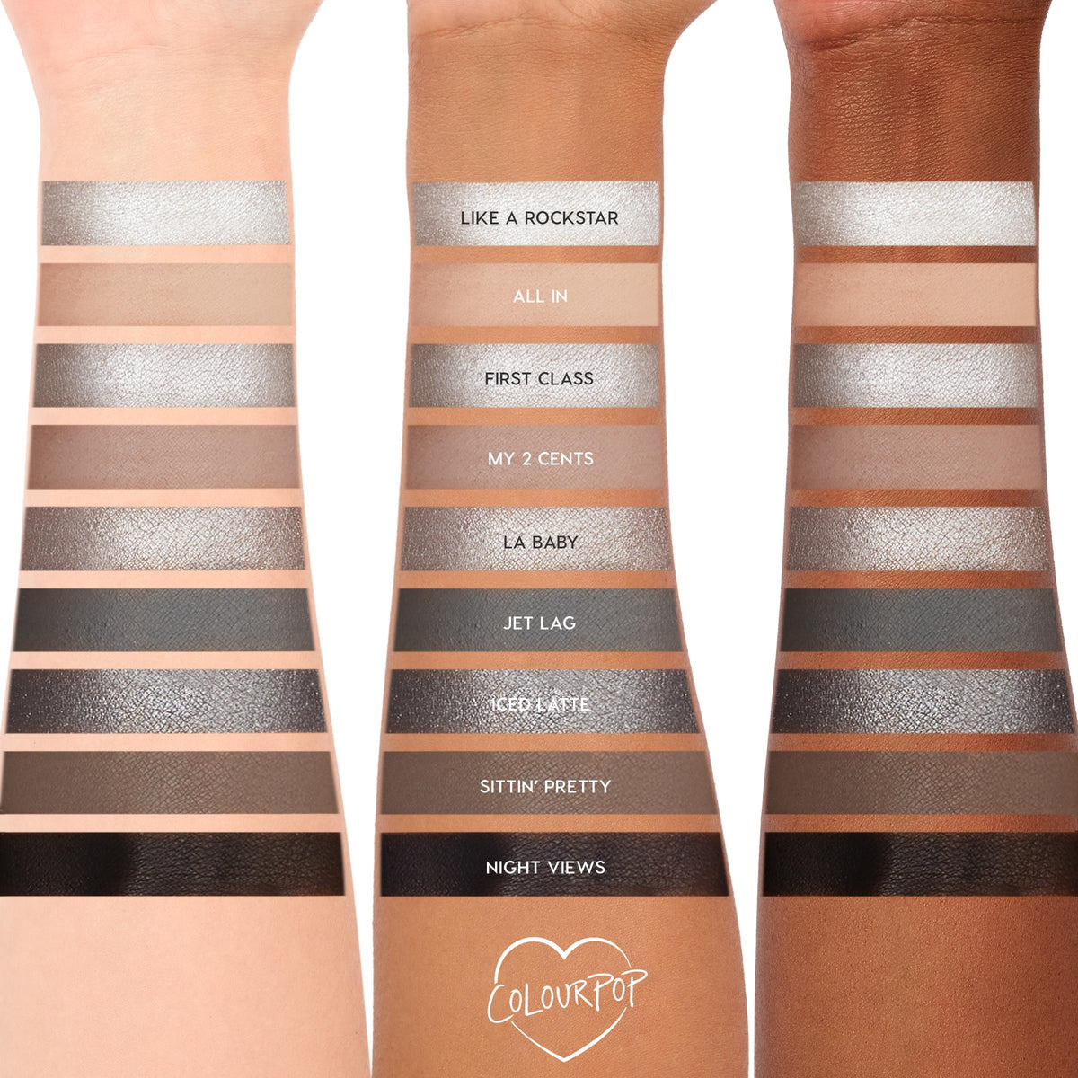 ColourPop Gone Metal shadow palette swatched on three skin tones, showing nine cool neutrals from metallic silver to taupe, gray, and matte black; shade names labeled from Like a Rockstar to Night Views; shimmer and matte finishes on white backdrop.