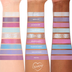 ColourPop In A Trance shadow palette swatches spanning three arms, showcasing pastel purples, pinks, and icy blues in matte, shimmer, and glitter finishes; shade names like Clarity, Mindβs Eye, Daydream BBY, Future Self, and Aura Again visible.