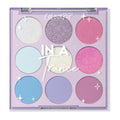 ColourPop Shadow Palette In A Trance showcases nine pastel pans - white shimmer, lilac glitter, pink shimmer, mint, iridescent, hot pink, sky blue, periwinkle, and mauve - arranged 3x3 in a lavender compact with clear lid and star accents.