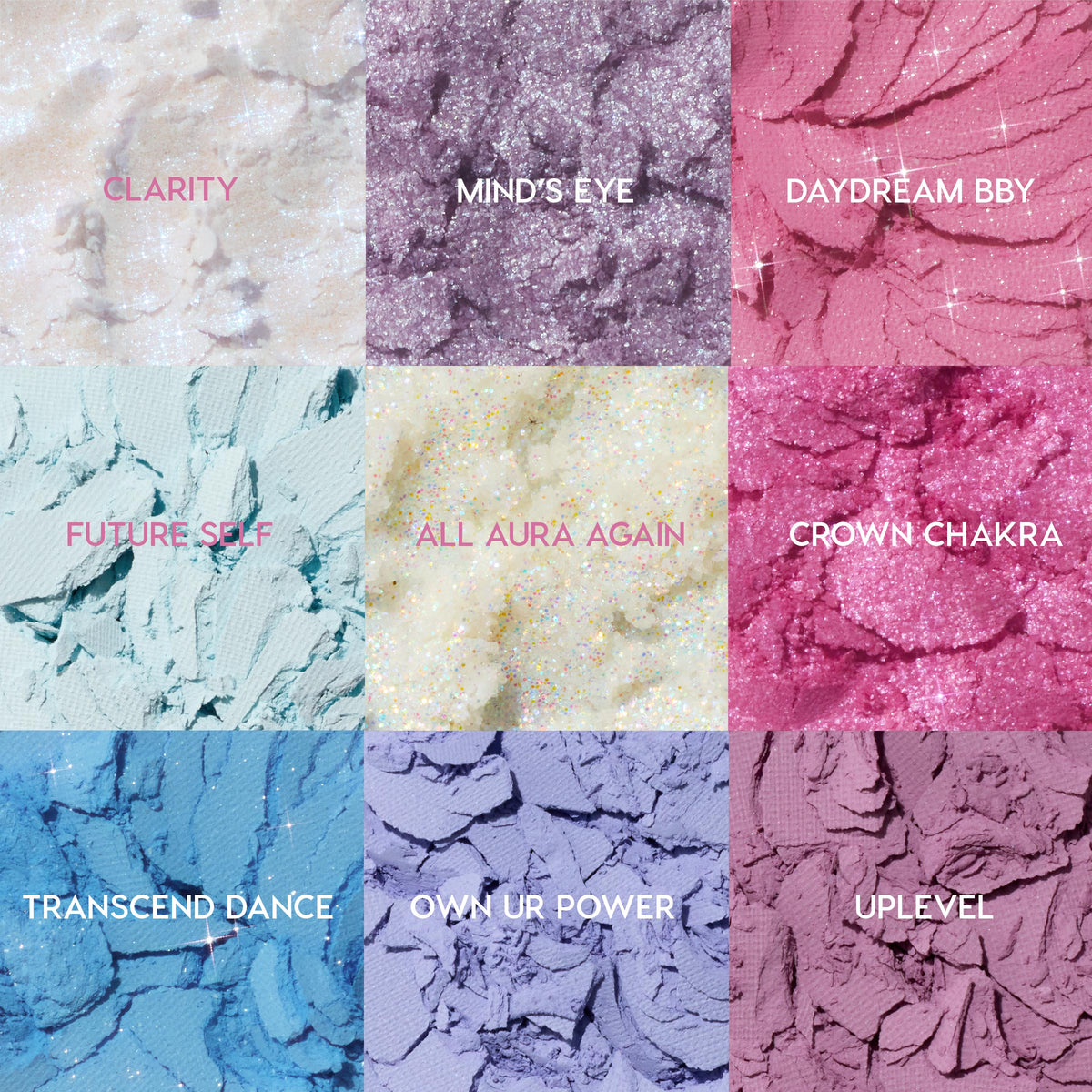 Colourpop In A Trance shadow palette macro showing nine crushed pastel and glitter pans labeled Clarity, Mindβs Eye, Daydream BBY, Future Self, All Aura Again, Crown Chakra, Transcend Dance, Own Ur Power, and Uplevel in dreamy cool tones for US makeup lovers searching Shadow Palettes.