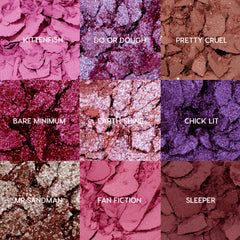 ColourPop Shadow Palette It's My Pleasure showcasing nine crushed pans in pinks and purples - Kittenfish, Do or Dough, Pretty Cruel, Bare Minimum, Earth Shine, Chick Lit, Mr Sandman, Fan Fiction, and Sleeper - matte, metallic, and glitter finishes in a 3x3 grid.