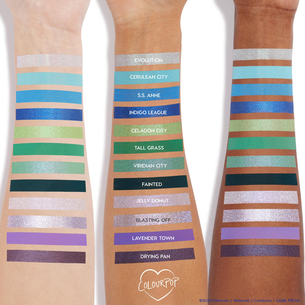 Arm swatches showcase 12 shades from Partner Up ColourPop Shadow Palette - icy silver, aqua, cobalt, greens, lilac and deep plum - in matte and metallic finishes, with shade names labeled; part of a Shadow Palette & pH Lipstick Set.