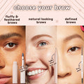 ColourPop Champagne Blonde Pencil brow pencil defines and shapes brows with a fine tip and spoolie, shown in a “choose your brow” graphic beside brow gel and a feather-effect pen, comparing fluffy, natural, and defined looks on three close-up faces.