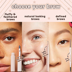 ColourPop Champagne Blonde Pencil brow pencil defines and shapes brows with a fine tip and spoolie, shown in a βchoose your browβ graphic beside brow gel and a feather-effect pen, comparing fluffy, natural, and defined looks on three close-up faces.