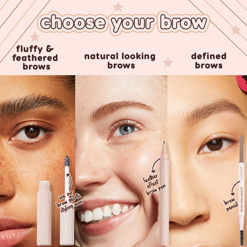 ColourPop Champagne Blonde Pencil brow pencil defines and shapes brows with a fine tip and spoolie, shown in a βchoose your browβ graphic beside brow gel and a feather-effect pen, comparing fluffy, natural, and defined looks on three close-up faces.