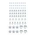 Individual Face and Hair Crystals arranged in neat rows - peel-and-stick crystal face jewels in clear and iridescent finishes, with round, square, teardrop, flower, and heart shapes - flat lay on white; ColourPop Crystal Face Jewels.