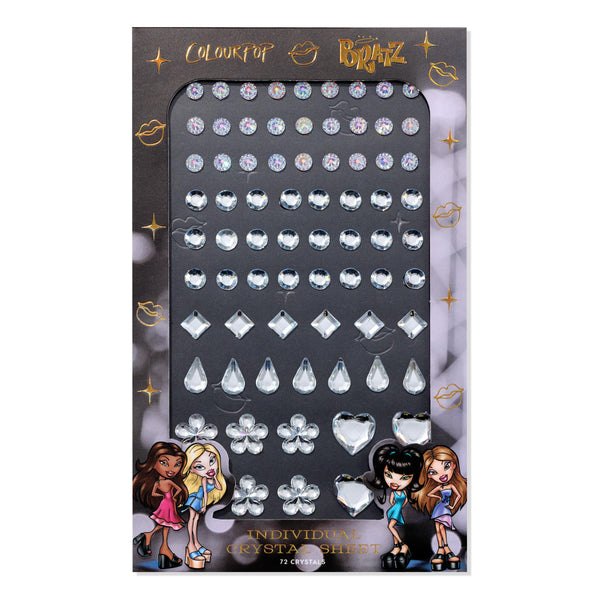 ColourPop Crystal Face Jewels sparkle in a 72-piece Individual Face and Hair Crystals sheet, featuring clear and iridescent round, square, teardrop, flower, and heart gems on Bratz-themed packaging for face and hair styling.