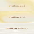 Vanilla Dream Lip Care Kit showcases three vanilla cake treatments - lip scrub, lip mask, and glossy lip balm - swatched as shimmering cream, pale vanilla, and clear layers on a light background, highlighting textures in this ColourPop Lip Care Kit.
