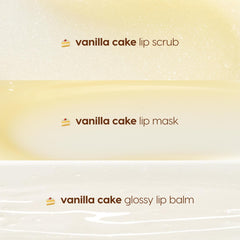 Vanilla Dream Lip Care Kit showcases three vanilla cake treatments - lip scrub, lip mask, and glossy lip balm - swatched as shimmering cream, pale vanilla, and clear layers on a light background, highlighting textures in this ColourPop Lip Care Kit.