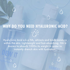 Rainfall 2% HA Serum hydrating dropper bottle by Fourth Ray Beauty sits among dewy mist bottles on a blue-toned banner with water droplet graphics, promoting hyaluronic acid benefits; lightweight, fast-absorbing ColourPop Face Serum for deep hydration.