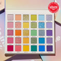 Sweet Fantasy ColourPop Shadow Palette & Brush Set, open to 30 rainbow shades with matte, metallic, and glitter finishes arranged in five rows; square pans from pinks and corals to greens, blues, and purples, in a pastel case with Allure 2021 award badge.