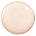 Circular swatch of Sun O' Clock ColourPop Liquid Highlighter glistening with soft peach-champagne shimmer, showing fine micro-sparkle and a glossy, fluid swirl on a clean white background.
