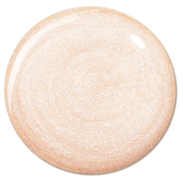 Circular swatch of Sun O' Clock ColourPop Liquid Highlighter glistening with soft peach-champagne shimmer, showing fine micro-sparkle and a glossy, fluid swirl on a clean white background.