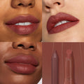 Big Smooch ColourPop Lippie Stix + Pencil Set showcasing a velvety rosy-brown lip color on three close-up swatches across multiple skin tones, with the matching lip liner and Lippie Stix shown against a smeared shade backdrop in a four-panel grid.