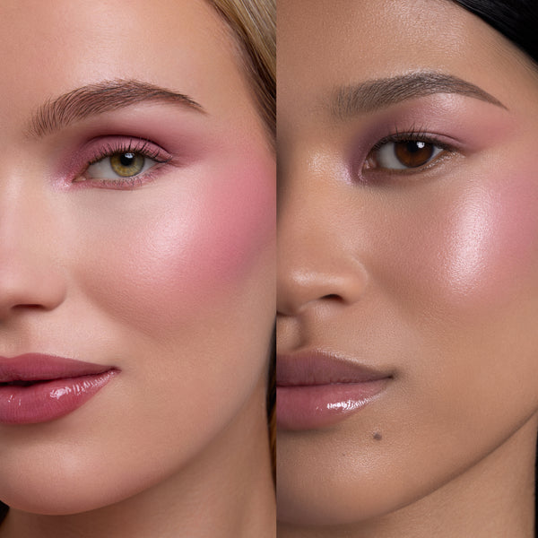 Two women’s faces wearing 2 Good 4 U blush and UGL set from Heart to Get, showing luminous pink cheek color and soft shimmer highlight on different skin tones in a close-up beauty shot.