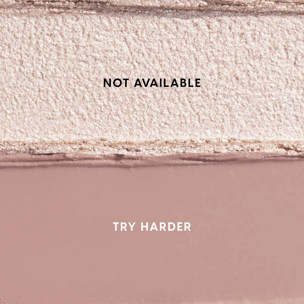 Two Heart to Get For Your Eyes Only Shadow Stix swatches laid side by side, showing a shimmery champagne shade labeled NOT AVAILABLE above a matte mauve shade labeled TRY HARDER on a clean studio background.