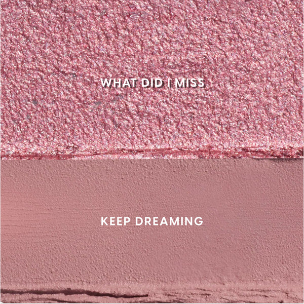 Heart to Get Love At First Swipe Shadow Stix swatches showing two pink shades, a shimmering rose labeled “What Did I Miss” above a matte mauve labeled “Keep Dreaming,” displayed in a close-up textured grid for US makeup shoppers.
