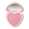 Heart to Get Not Your Baby Super Shock Blush showing a shimmery light pink heart-shaped pan in an open pastel pink heart compact with mirror, displayed on a clean white background for US makeup shoppers