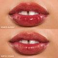 Baby Fox ColourPop Lip Stain swatched on lips - top shows glossy application with high shine, bottom shows the lasting stain - a sheer warm rosy-red tint in a close-up studio shot, showing a before-and-after finish comparison.