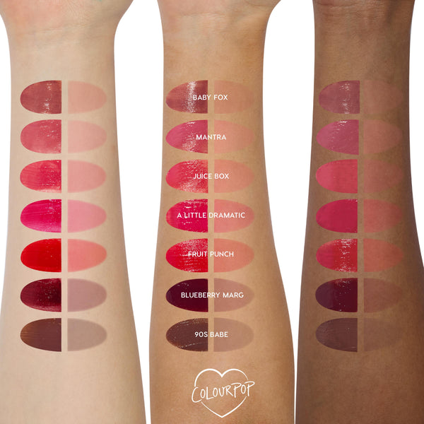 Baby Fox ColourPop Lip Stain swatch - glossy and stain finishes shown as paired ovals on three arms (light, medium, deep), top row labeled Baby Fox, revealing a warm rosy‑brown tone with high shine and sheer stain, alongside other shade comparisons.