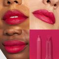 Ultimate Lip Combo - ColourPop Lippie Stix + Pencil Set defining bold fuchsia lips, shown on three close-up swatches with a smooth matte finish, plus a product shot of the matching pencil and Lippie Stix on a hot pink background.