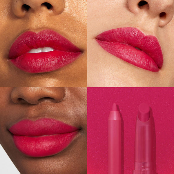 Ultimate Lip Combo - ColourPop Lippie Stix + Pencil Set defining bold fuchsia lips, shown on three close-up swatches with a smooth matte finish, plus a product shot of the matching pencil and Lippie Stix on a hot pink background.