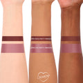Yasmin ColourPop Lippie Kit swatches - deep berry-brown lip pencil and dusty mauve Lippie Stix - displayed on fair, medium, and deep arms to show color payoff and undertone, with a ColourPop heart logo at the bottom.