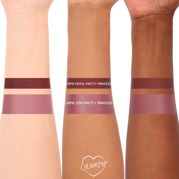 Yasmin ColourPop Lippie Kit swatches - deep berry-brown lip pencil and dusty mauve Lippie Stix - displayed on fair, medium, and deep arms to show color payoff and undertone, with a ColourPop heart logo at the bottom.