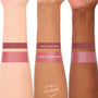 ColourPop Sasha Lippie Kit swatches show the lip pencil and Lippie Stix on light, medium, and deep arms; pencil appears rich mauve, Lippie Stix a rosy mauve with a satin sheen, highlighting pigment, coverage, and finish.
