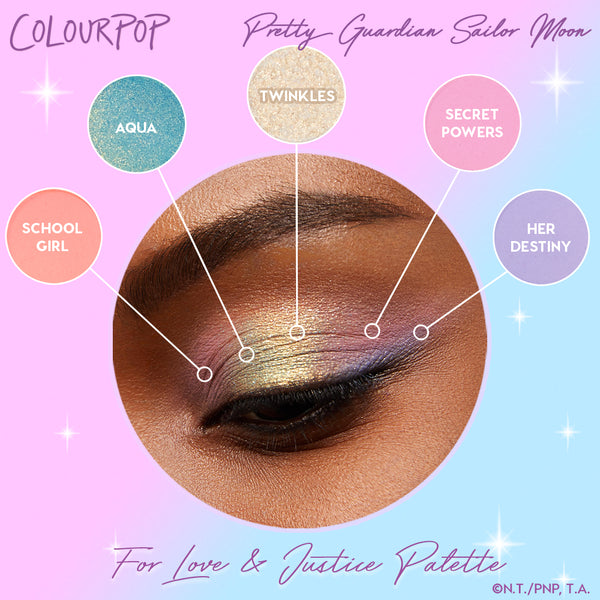Close-up eye wears blended gold shimmer, teal, coral, lavender and periwinkle shades from the Prettiest in the Cosmos shadow palette set by ColourPop, with callouts to Twinkles, Aqua, School Girl, Secret Powers and Her Destiny on a pastel starry backdrop.