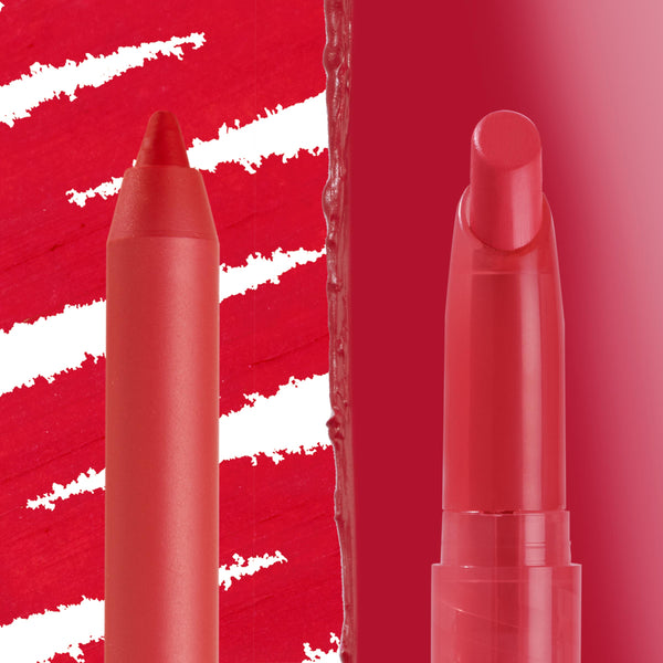 Va Va Voom ColourPop Lippie Stix + Pencil Set featuring a red lip pencil and matching twist-up lippie, shown side by side against bold red swatches to spotlight the creamy, high‑pigment color for precise lip lining and smooth fill.