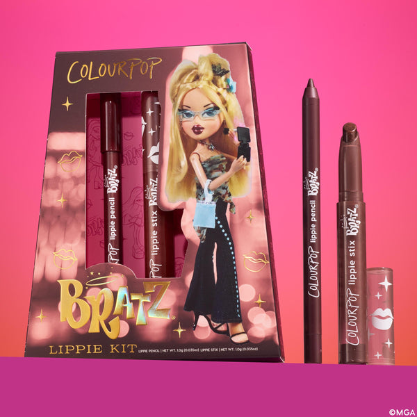 ColourPop Lippie Kit Cloe displayed with box art of Bratz Cloe and a gold BRATZ logo, showing a mauve-brown Lippie Pencil and Lippie Stix uncapped to reveal tip and bullet, plus a star-and-lips print cap, set upright against a pink gradient background.