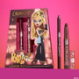ColourPop Lippie Kit Cloe displayed with box art of Bratz Cloe and a gold BRATZ logo, showing a mauve-brown Lippie Pencil and Lippie Stix uncapped to reveal tip and bullet, plus a star-and-lips print cap, set upright against a pink gradient background.