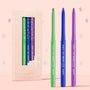ColourPop Crème Gel Liner Good Shift trio standing uncapped, showcasing green, blue, and purple shimmer tips beside a blush-pink starry box labeled Good Shift Limited Edition; vibrant long-wear crème gel eyeliner set for bold eye looks.