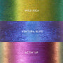 Three shimmering duochrome swatches demonstrate the Good Shift ColourPop Crème Gel Liner kit - Wild Idea shifts green to gold, Ventura Blvd shifts indigo to electric blue, and Actin’ Up flips fuchsia to bronze - shown close-up on a neutral backdrop.