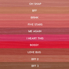 ColourPop Lippie Pencil swatches from The Lil Box of Lippie Pencils displayed in horizontal stripes - nudes to pinks and reds - labeled: Oh Snap, BFF, Brink, Five Stars, Me Again, I Heart This, Bossy, Love Bug, BFF 2, BFF 3.