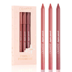 ColourPop Lippie Pencil Pinky Promise set showing three lip liner pencils in pink-to-mauve tones standing upright beside a blush-pink limited-edition box with star accents and a window cutout.