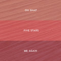 ColourPop Lippie Pencil Pinky Promise kit swatches display three shades in horizontal stripes: Oh Snap (soft nude pink) on top, Five Stars (warm rosy pink) in the middle, and Me Again (mauve berry) on bottom, shown on a textured smear.