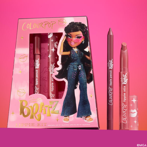 Sasha ColourPop Lippie Kit displaying a mauve lip pencil and rosy nude Lippie Stix beside a pink Bratz-themed box with Sasha artwork and gold logo, set against a pink gradient background.