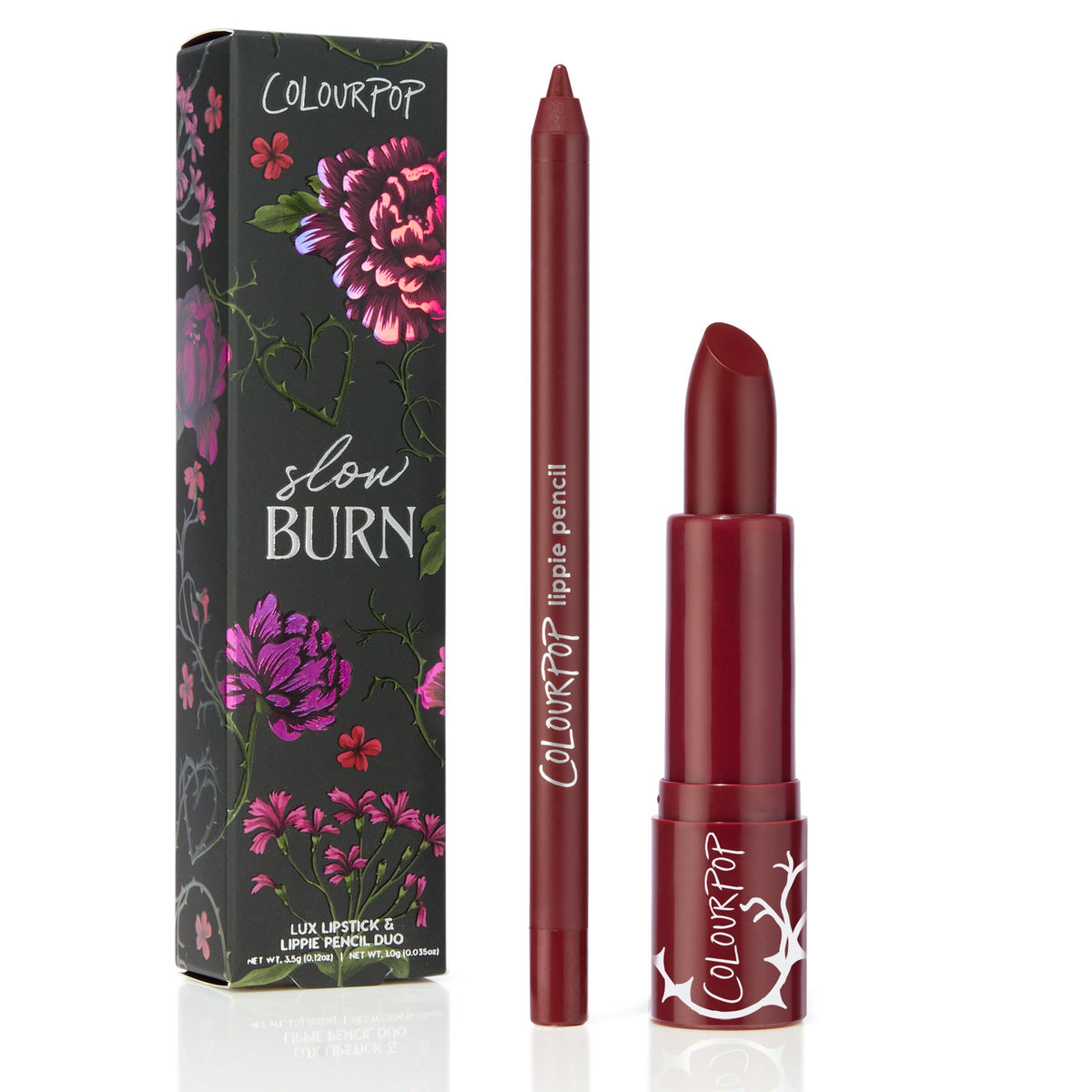 ColourPop Lux Lipstick Slow Burn duo showing an open deep berry-red lipstick and matching lippie pencil standing beside a black floral box, highlighting the rich shade and sleek maroon packaging on a white background.