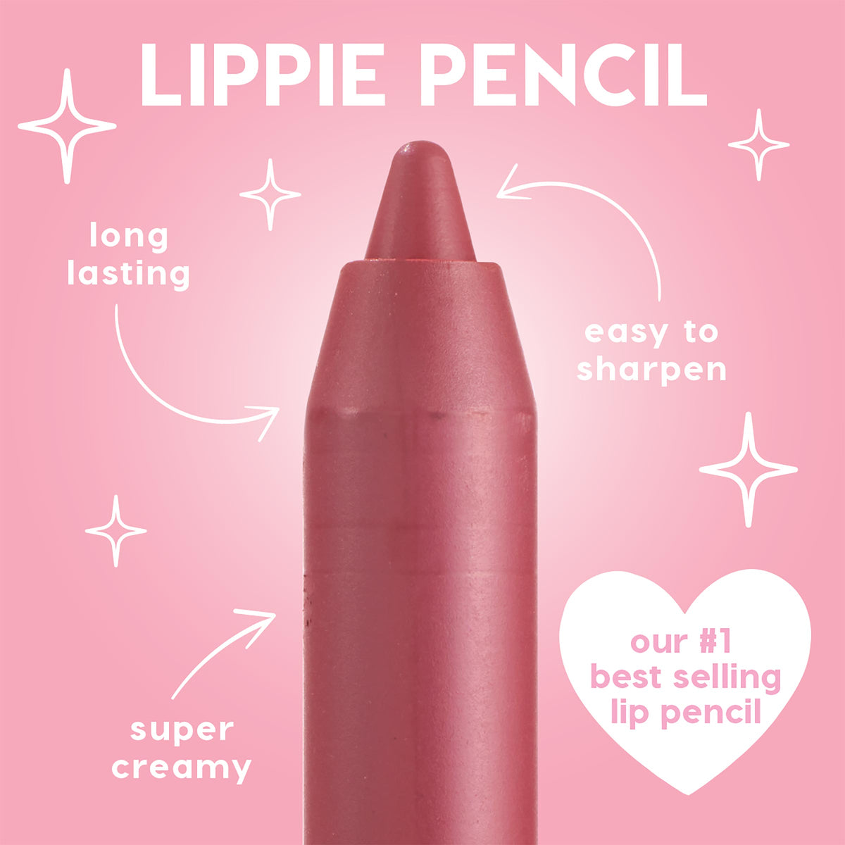 Five Stars ColourPop Lippie Pencil stands upright with a sharpened rosy‑mauve tip, showing a creamy, long‑wear formula against a pink gradient backdrop with sparkles and callouts, ideal for precise lip lining and easy sharpening.