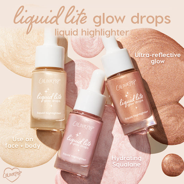 Sun O' Clock ColourPop Liquid Highlighter glow drops rest alongside gold, pink, and bronze swatches, calling out ultra-reflective glow and hydrating squalane for face and body in a sunlit flat lay of three dropper bottles.