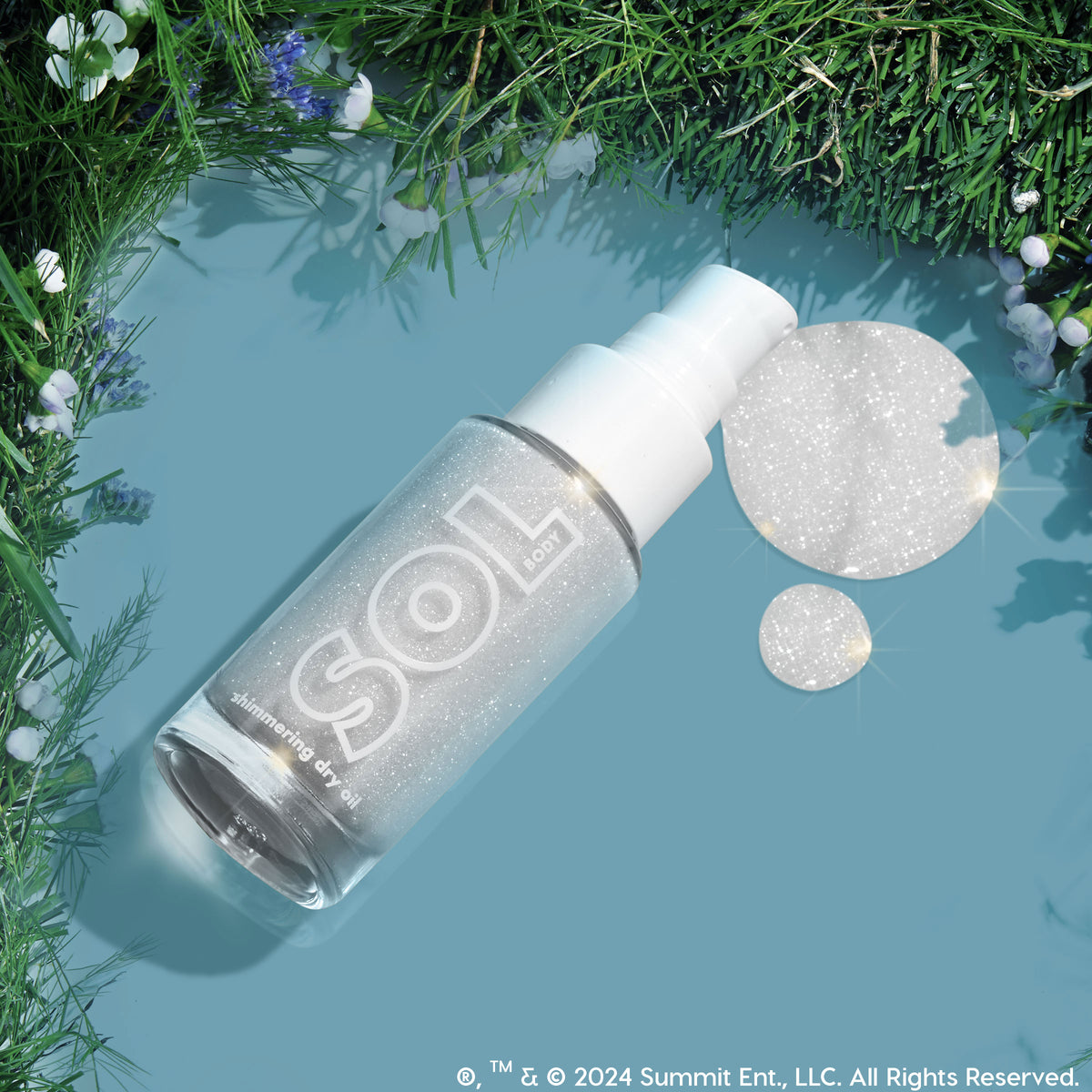 Like Diamonds SOL Body bottle presenting ColourPop SOL Shimmering Dry Oil, viewed top-down and angled with a white pump and silver sparkle, two luminous swatches beside it on a blue background framed by green foliage and tiny white flowers.
