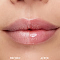 Close-up lips in a split-screen before-and-after: left side looks dry and matte, right side appears smoother with a pink, glossy finish after application, showcasing lip results from the As Old As Time ColourPop Shadow Palette, Cheek, & Lip Set.